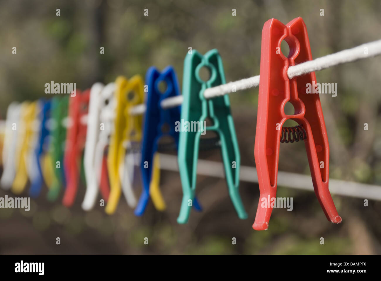 Lots of bright coloured plastic clothes pegs on a washing line Stock Photo