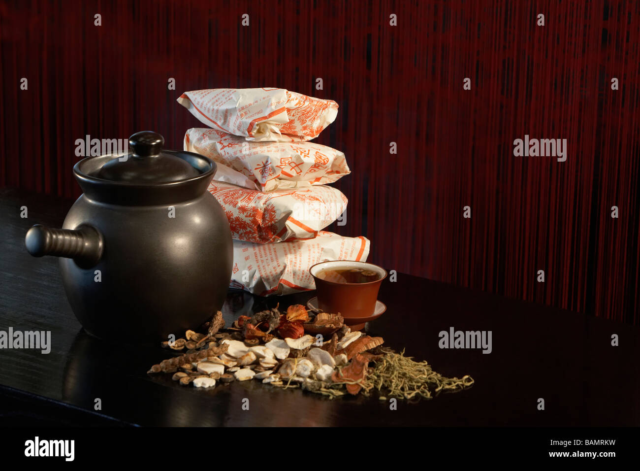 Teapot, Tea Leaves And Wrapped Packages Stock Photo Alamy
