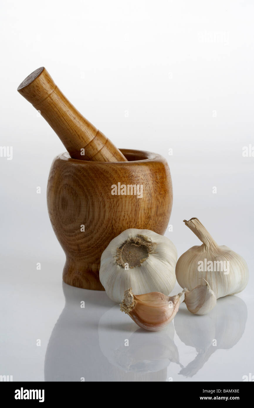 A mortar and pestle with cloves and bulbs of garlic Stock Photo Alamy