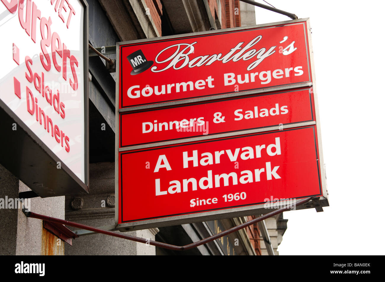 Business sign of the fast food restaurant Mr Bartley s Gourmet Burger Cambridge Massachusetts USA Stock Photo