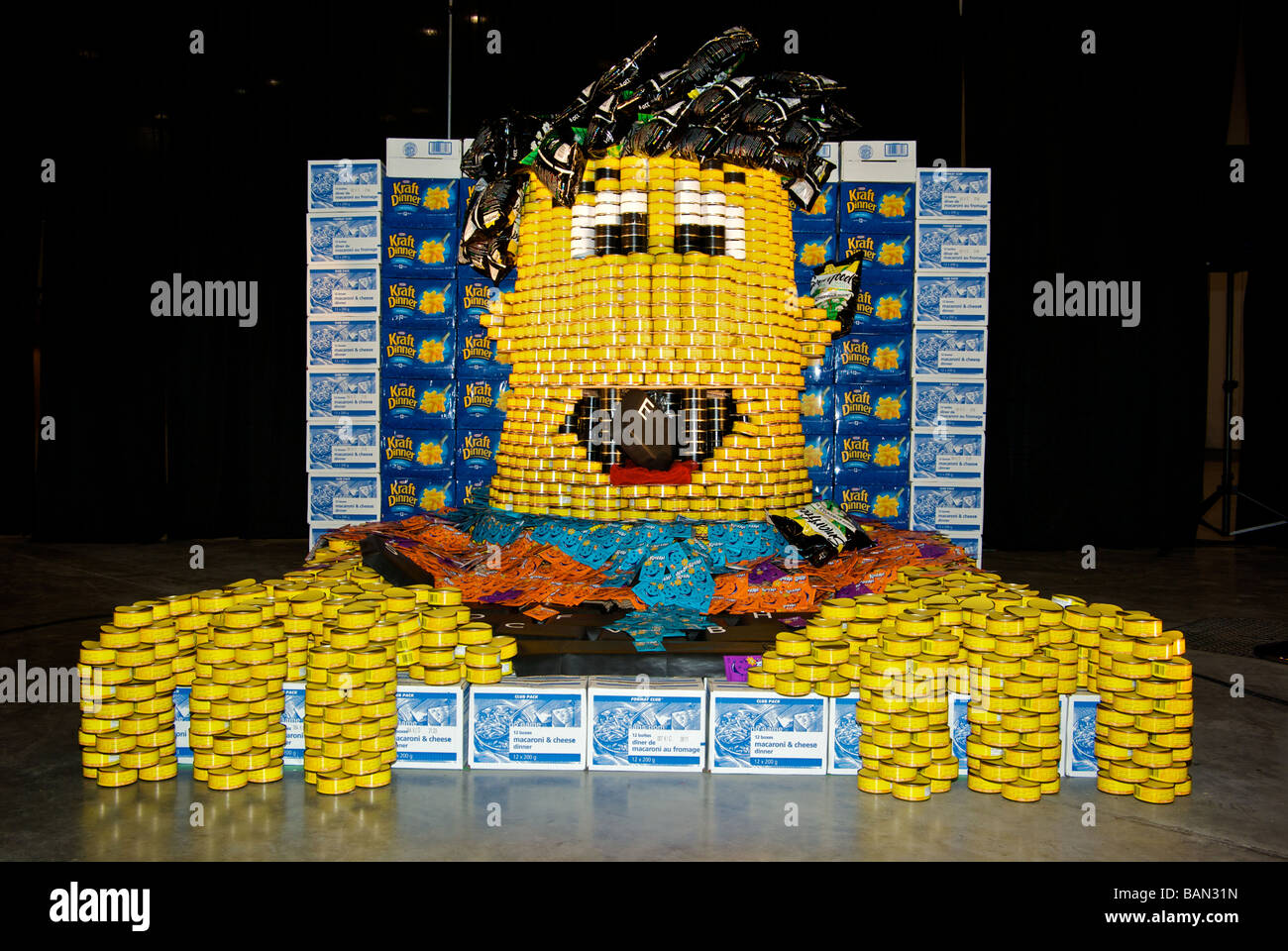 Canstruction charity event figure made from tins of donated canned food that will be given to the Vancouver Food Bank Stock Photo