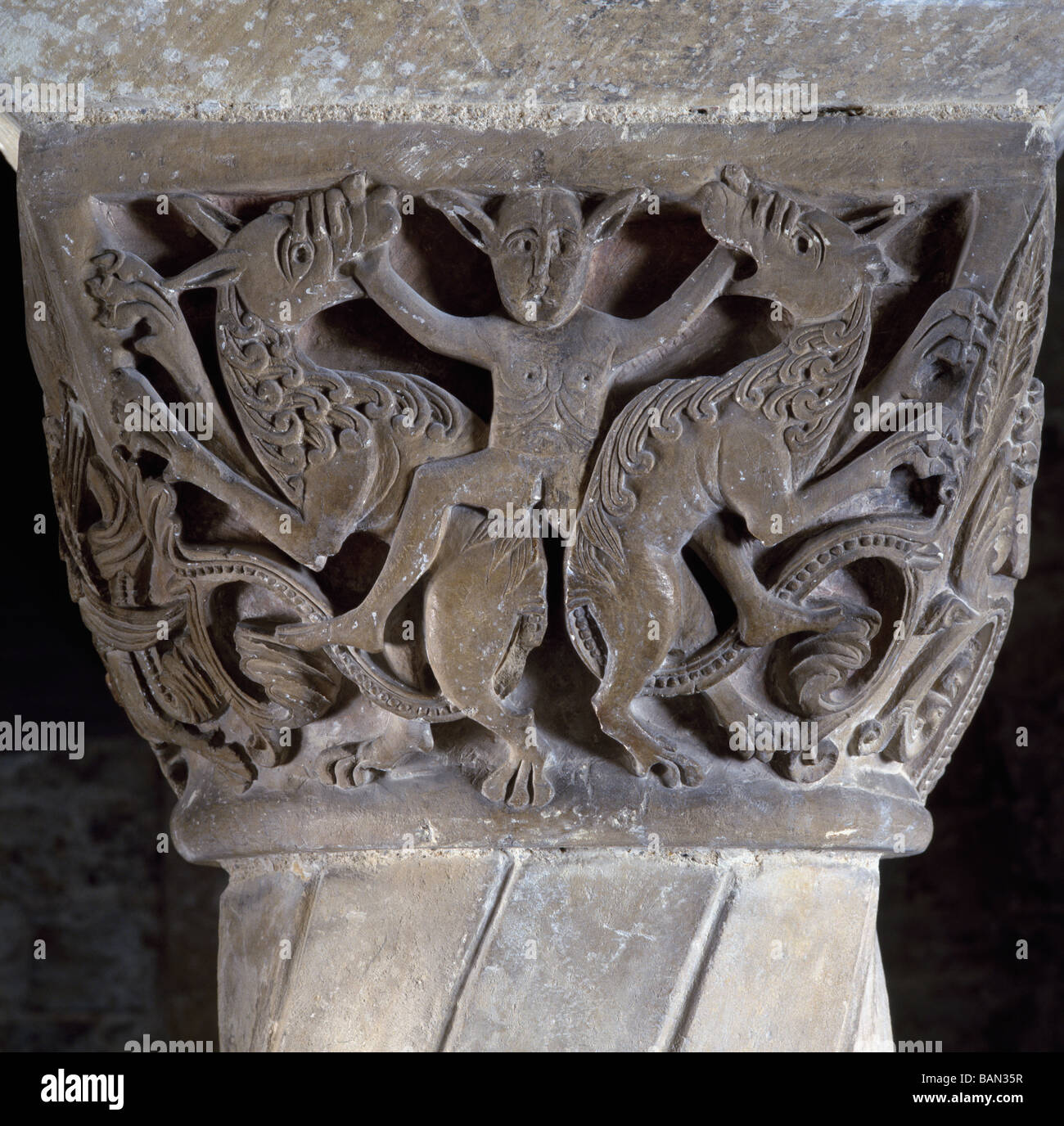 Canterbury Cathedral. Capital in the crypt imp and beasts. St Gabriel's Chapel. Stock Photo