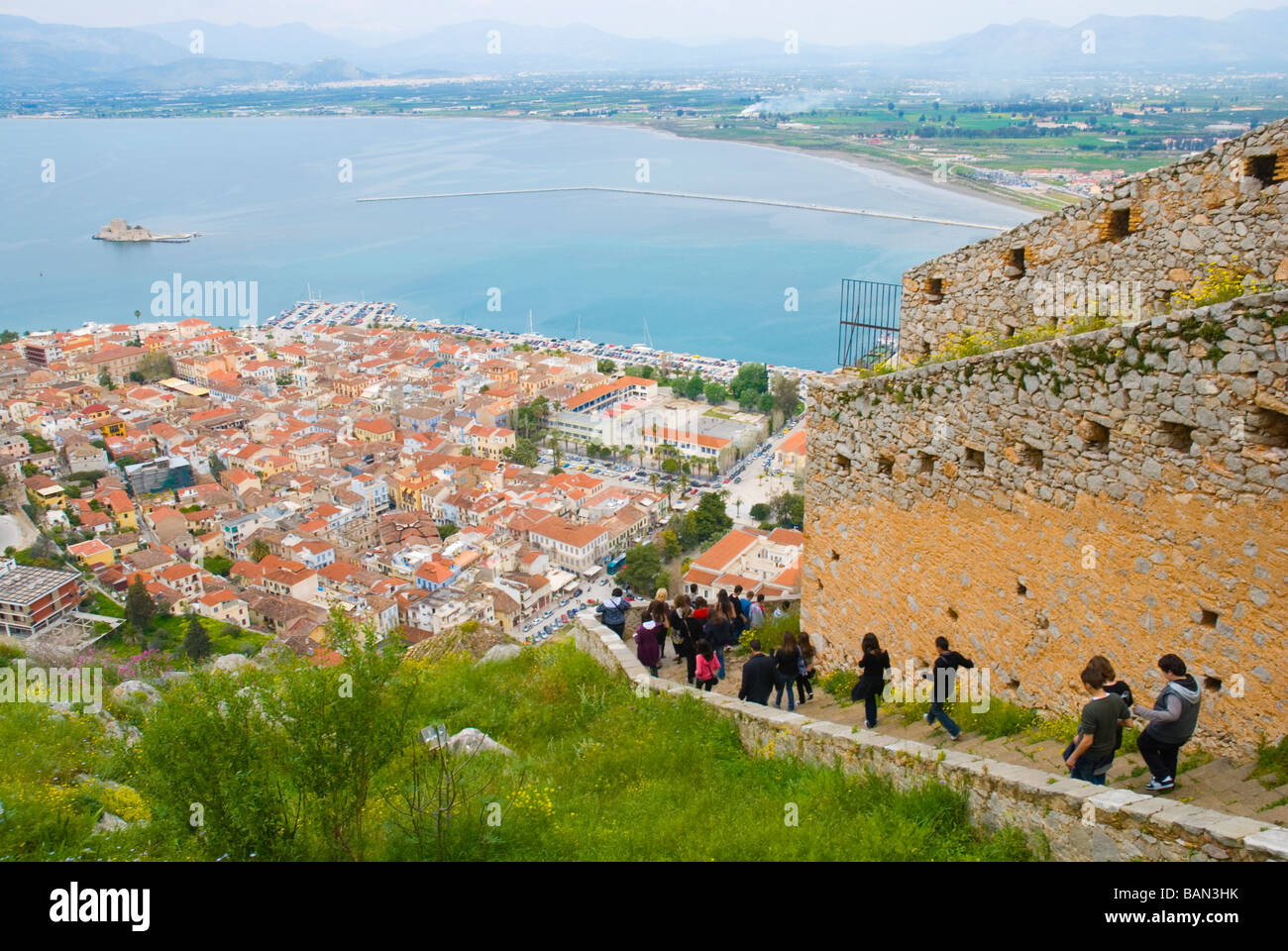 People coming down from Palamidi fortress in Nafplio Peloponnese Greece Europe Stock Photo