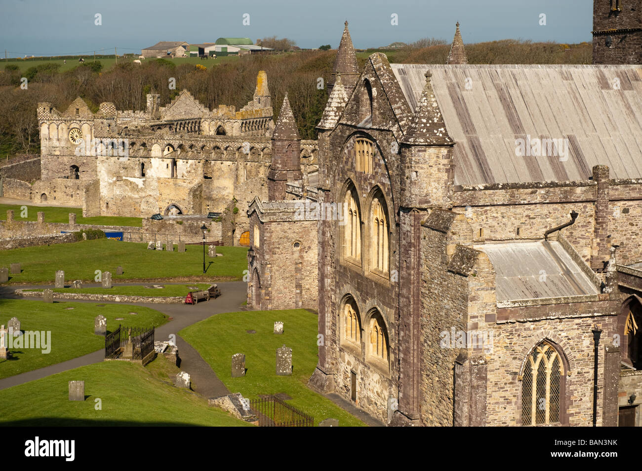 St David s Cathedral and Bishop's Palace ruins Pembrokeshire Wales UK spring morning Stock Photo