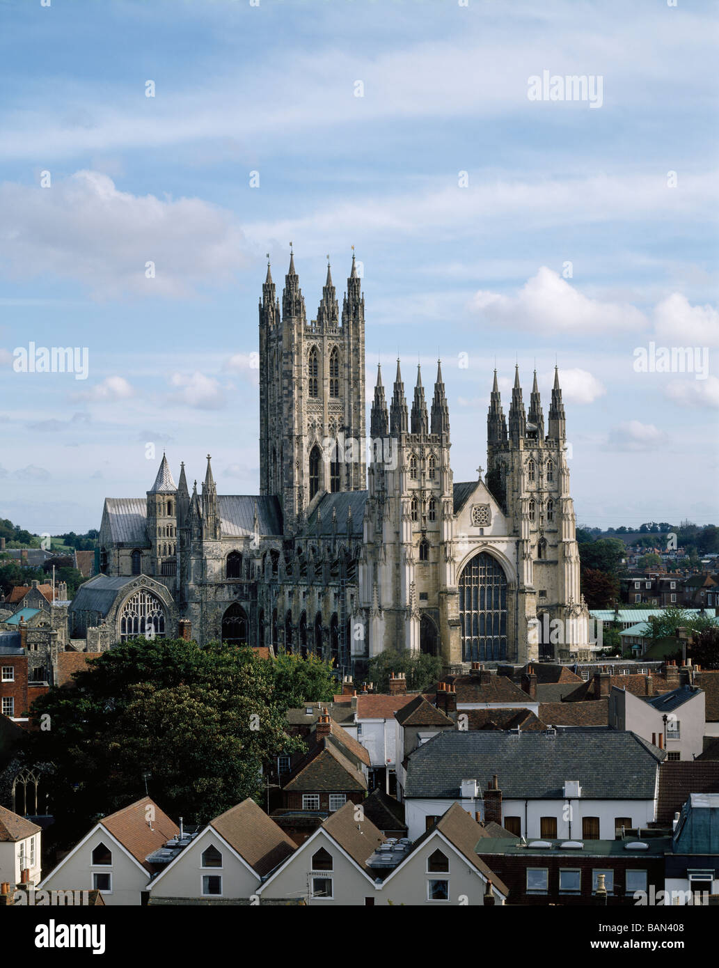 Canterbury Cathedral with rooftops from the Marlowe Theatre Canterbury Stock Photo