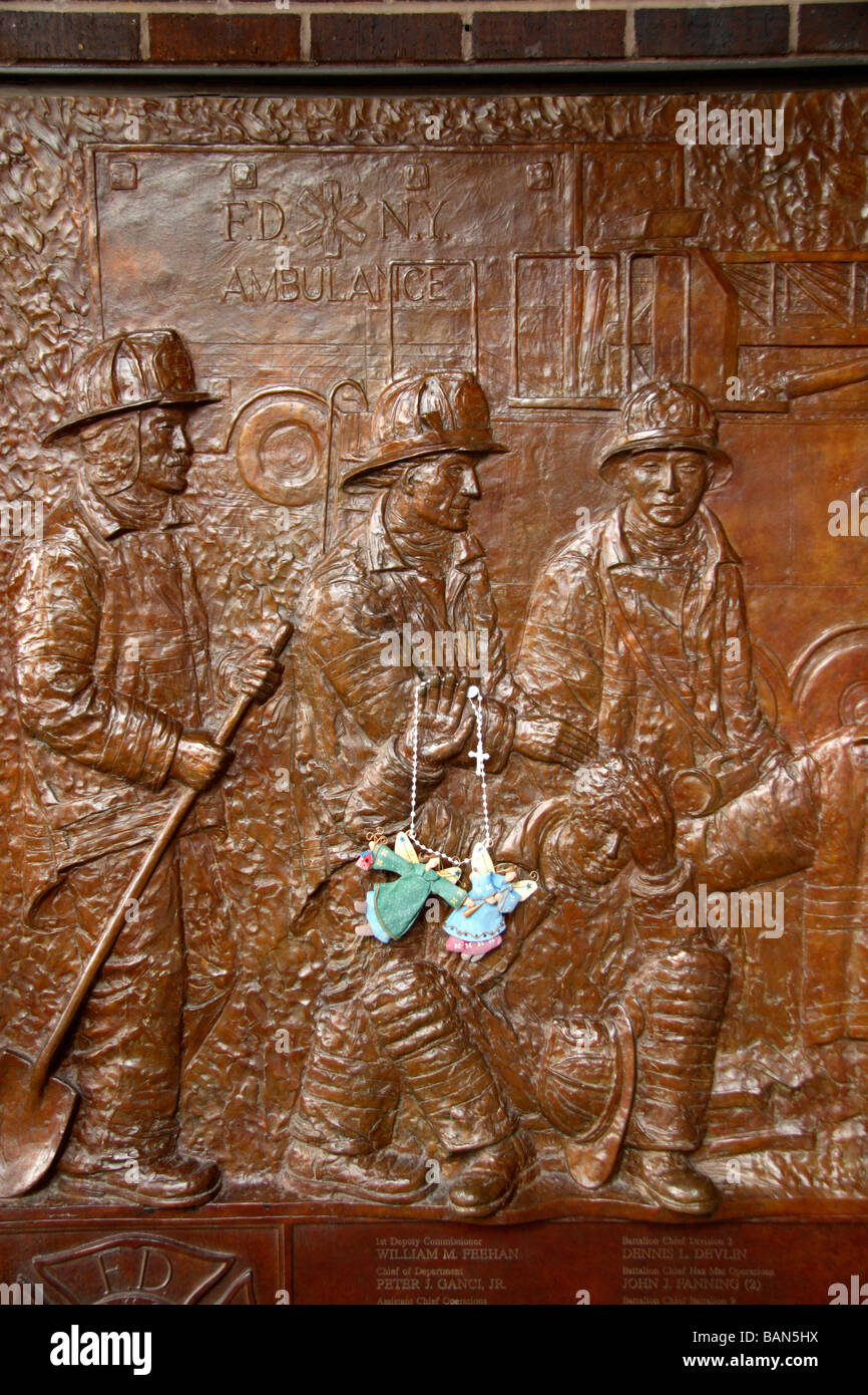 A section of the FDNY Memorial Wall on the side of Ladder Co. 10 station in Greenwich ST New York. Stock Photo