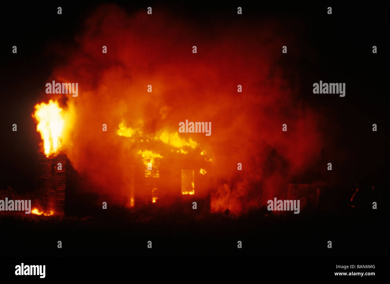 shed burning at night Stock Photo