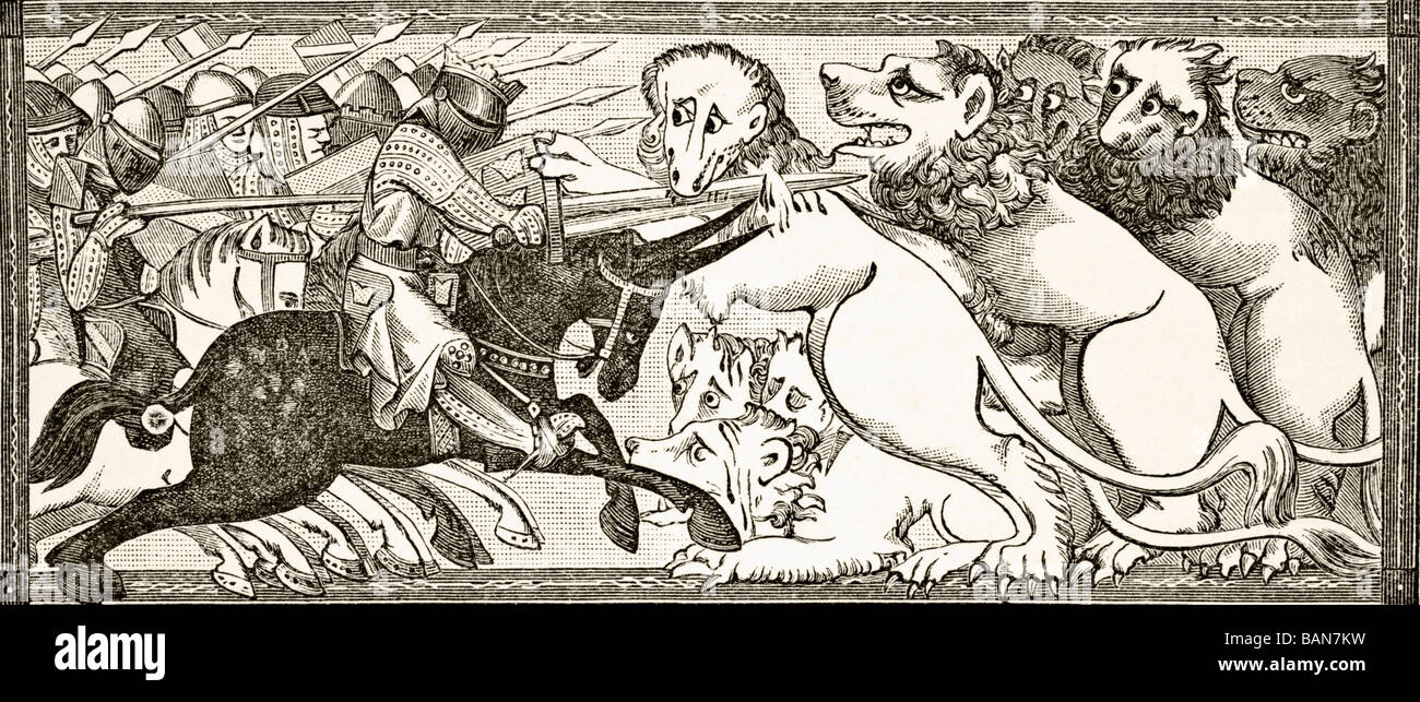 How Alexander did battle with white lions as big as bulls. Stock Photo