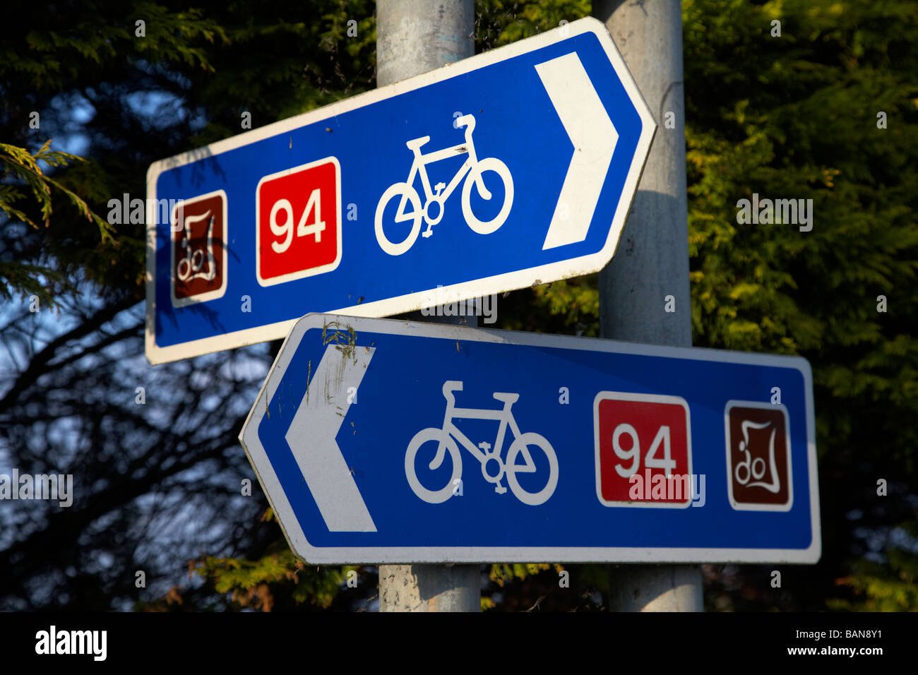 Signposts in county tyrone for sustans national cycle route 94 which circuits lough neagh in northern ireland Stock Photo