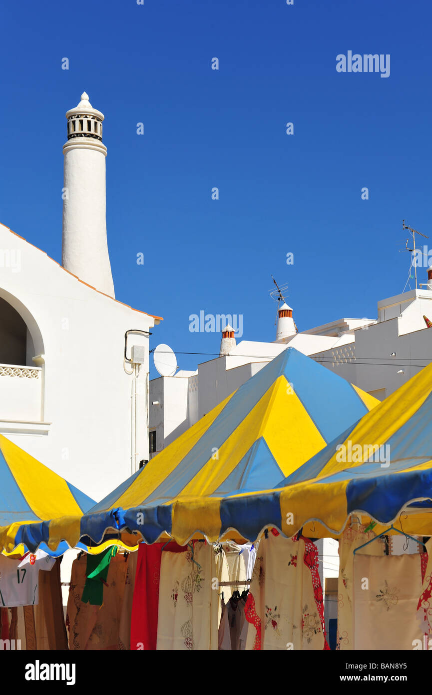 Praia da Luz, Algarve, Portugal.   Colourful roofs on the street market stalls. Stock Photo