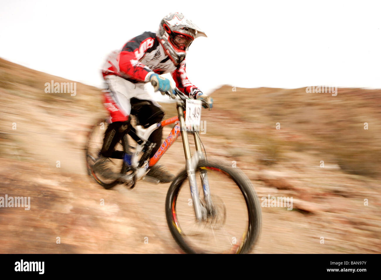 Downhill Mountain Bike Racer at Bootleg Canyon Nevada Stock Photo