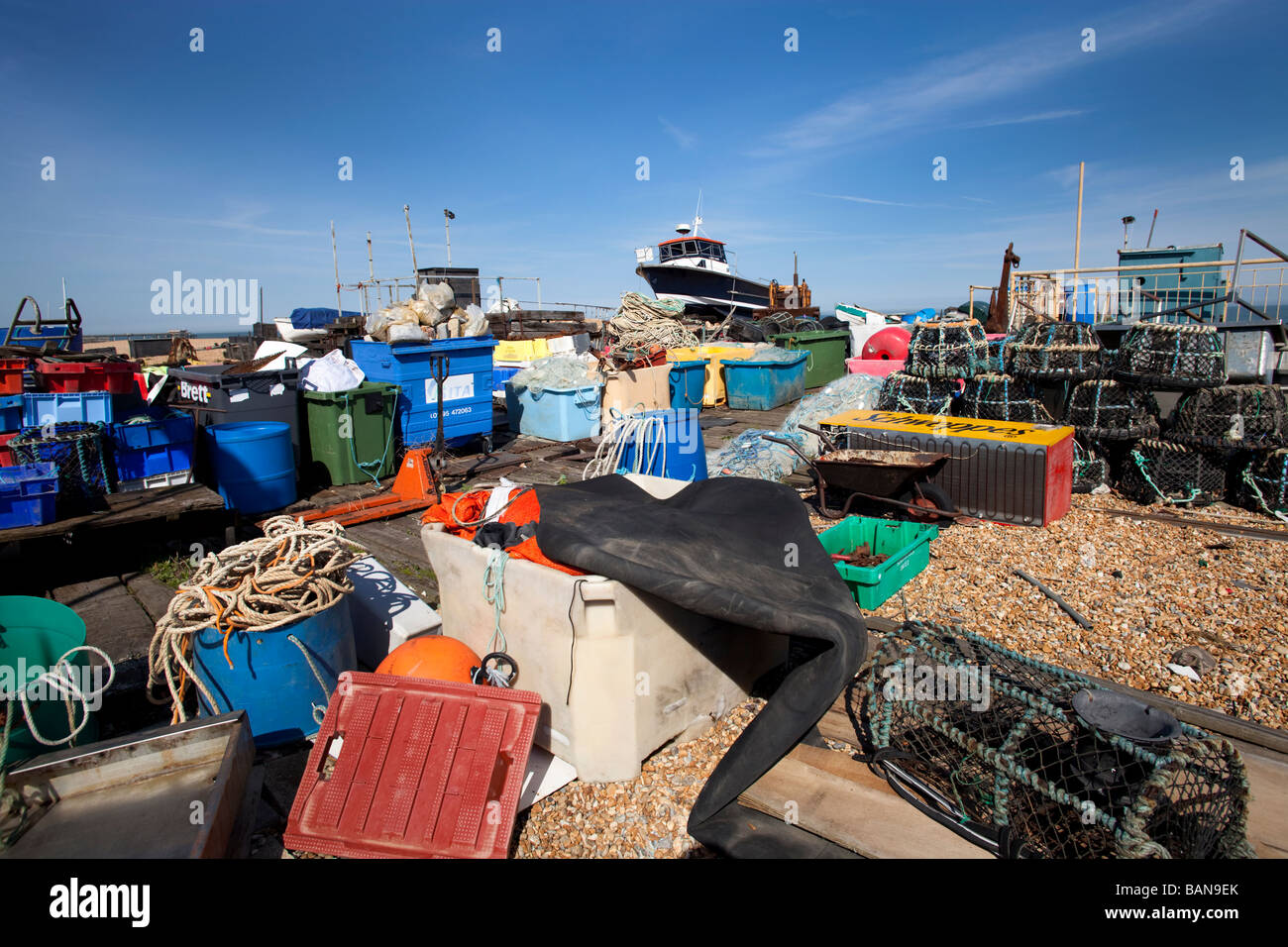 Fishing tackle and gear on a shingle beach in South East England Stock