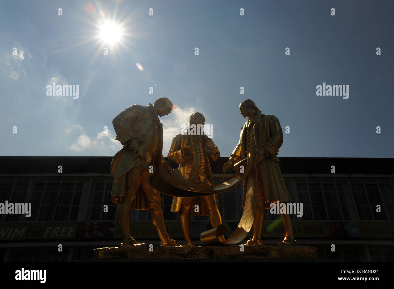 Statue of the golden boys of Birmingham LtoR Matthew Boulton James Watt and William Murdoch Stock Photo