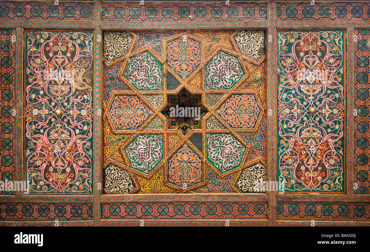 Wooden ceiling oriental ornaments from Khiva Uzbekistan Stock Photo