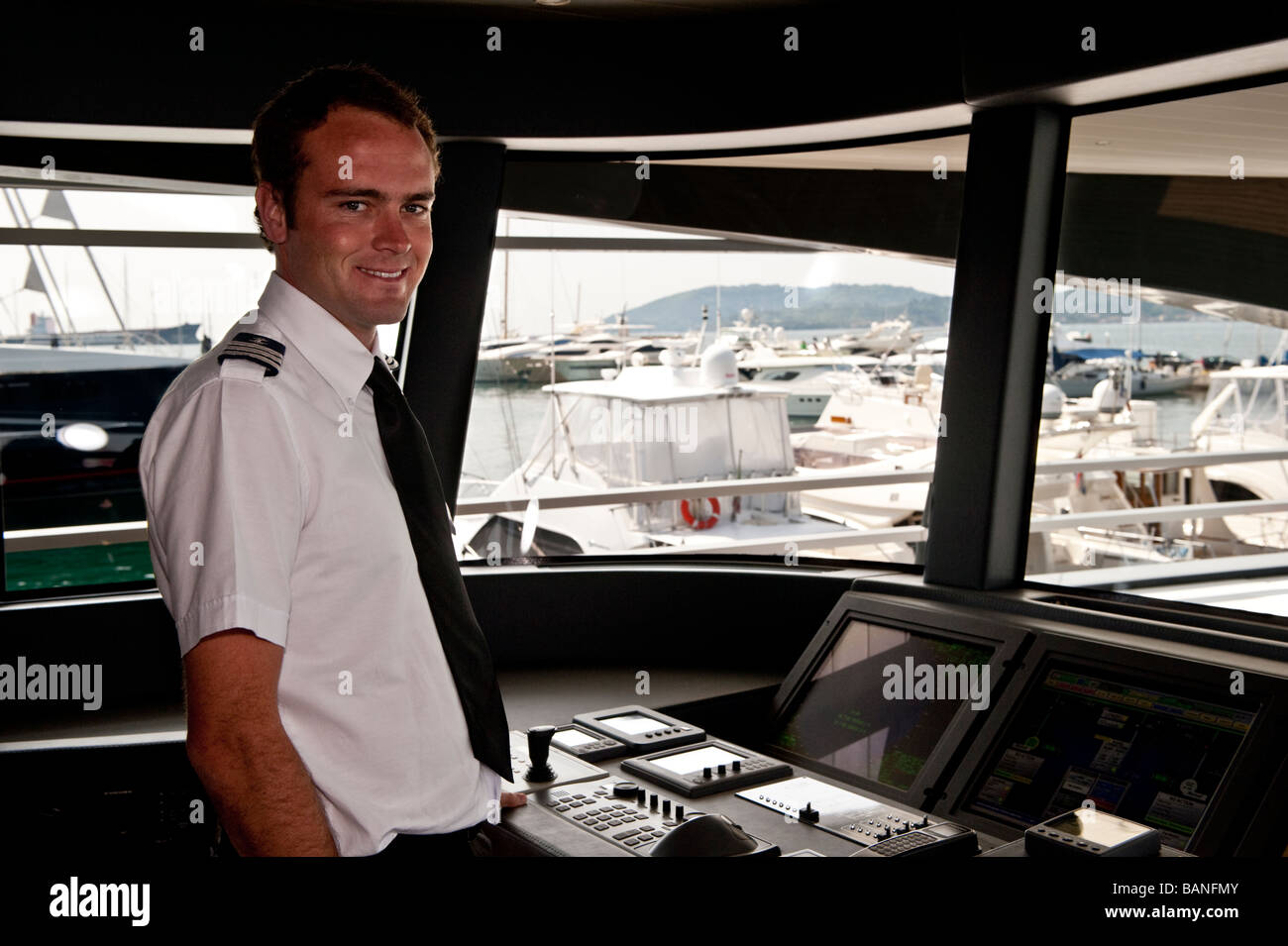 First Mate Jonathan Edgar on the bridge of Ocean Emerald the first