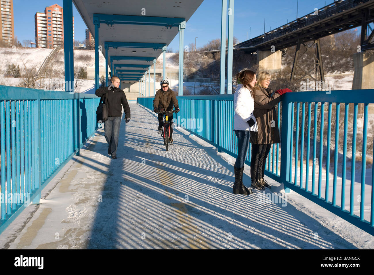 Edmonton, Alberta, Canada; People on a walking bridge Stock Photo Alamy