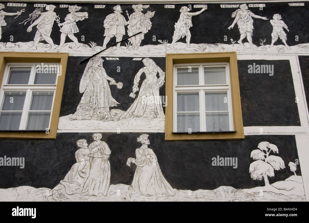 House with sgraffito in town of Mikulov Moravia Czech Republic Stock Photo