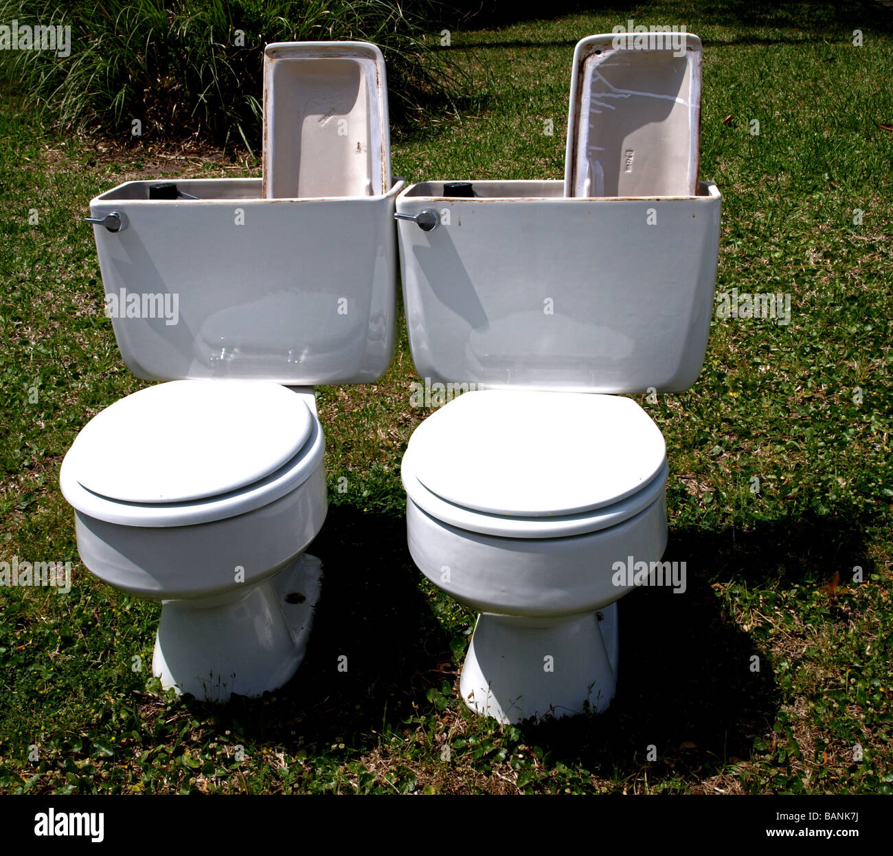 two toilets toilet with bowl and flush, lid is up and down, toilets sitting on a yard ready to