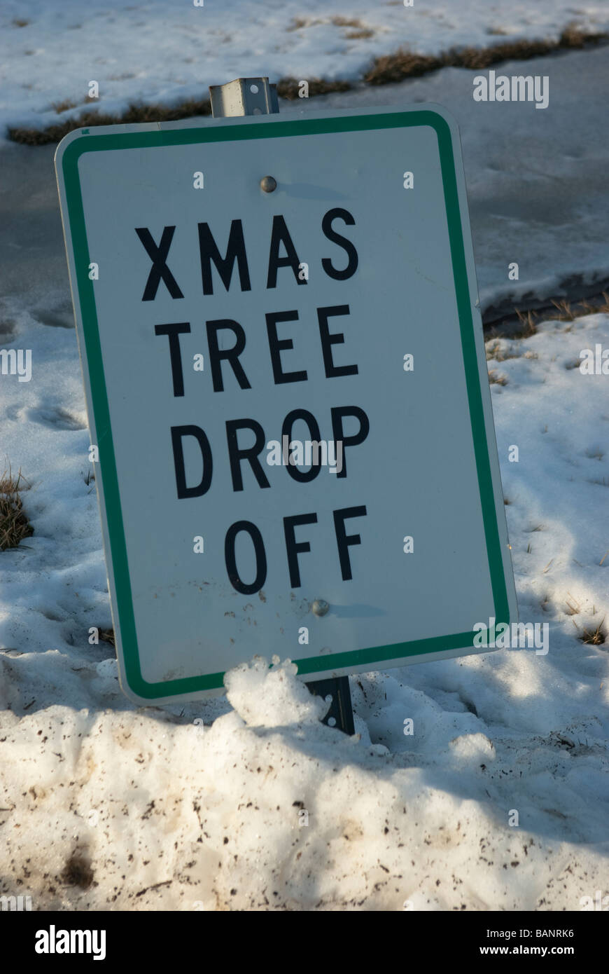 A sign marks the location of a drop off point for Christmas Trees Stock