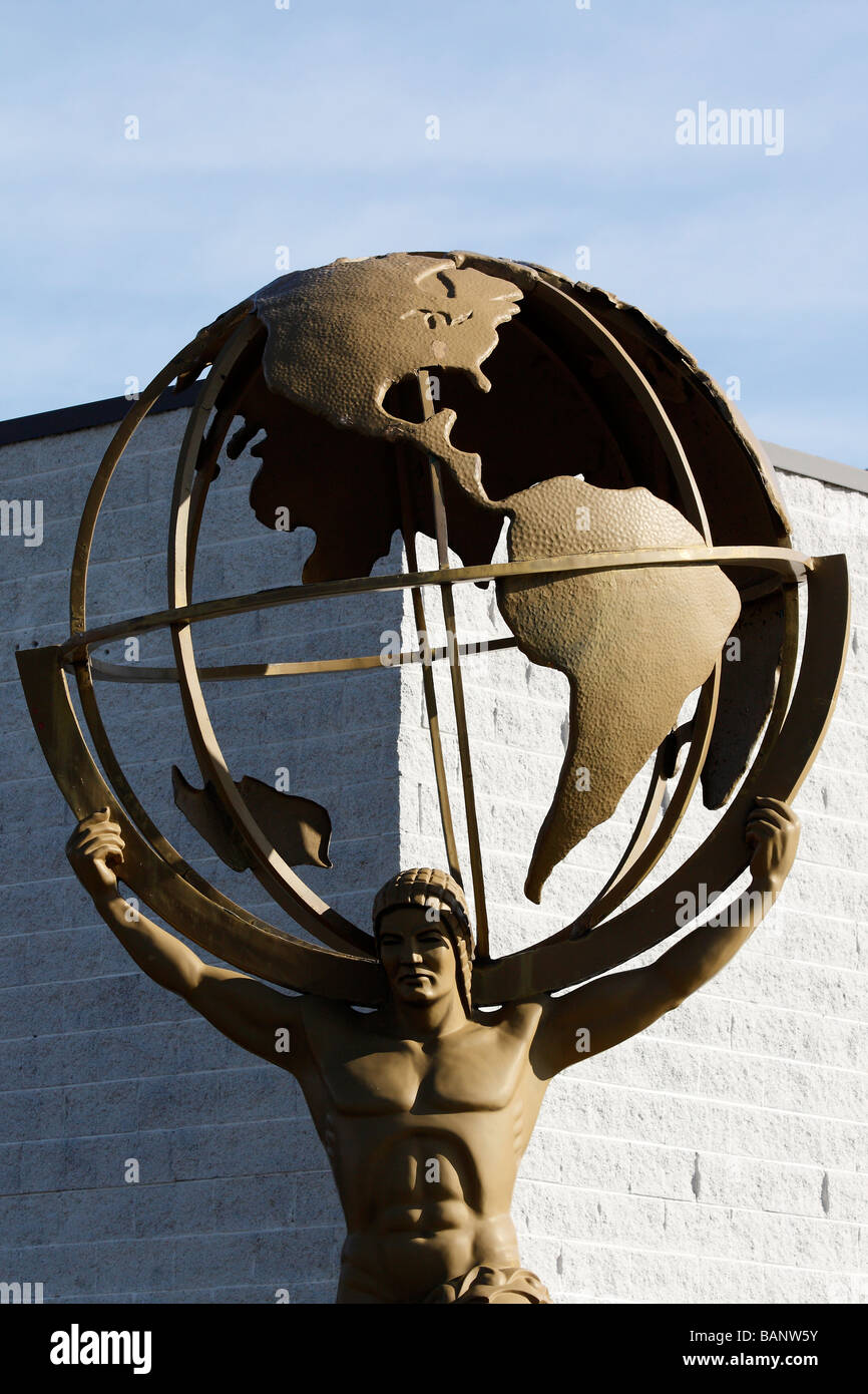 Sculpture of Atlas holding the globe Atlas carrying a world  front view close up of nobody none picture photos vertical in USA US hi-res Stock Photo