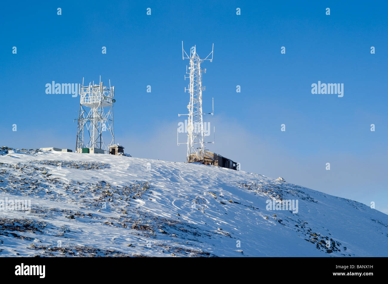 Radio mast and tower at the summit of Cairnwell mountain, Scottish Highlands. Stock Photo