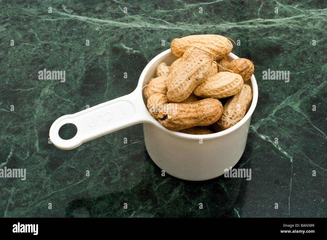 Single measuring cup filled with unshelled peanuts Stock Photo