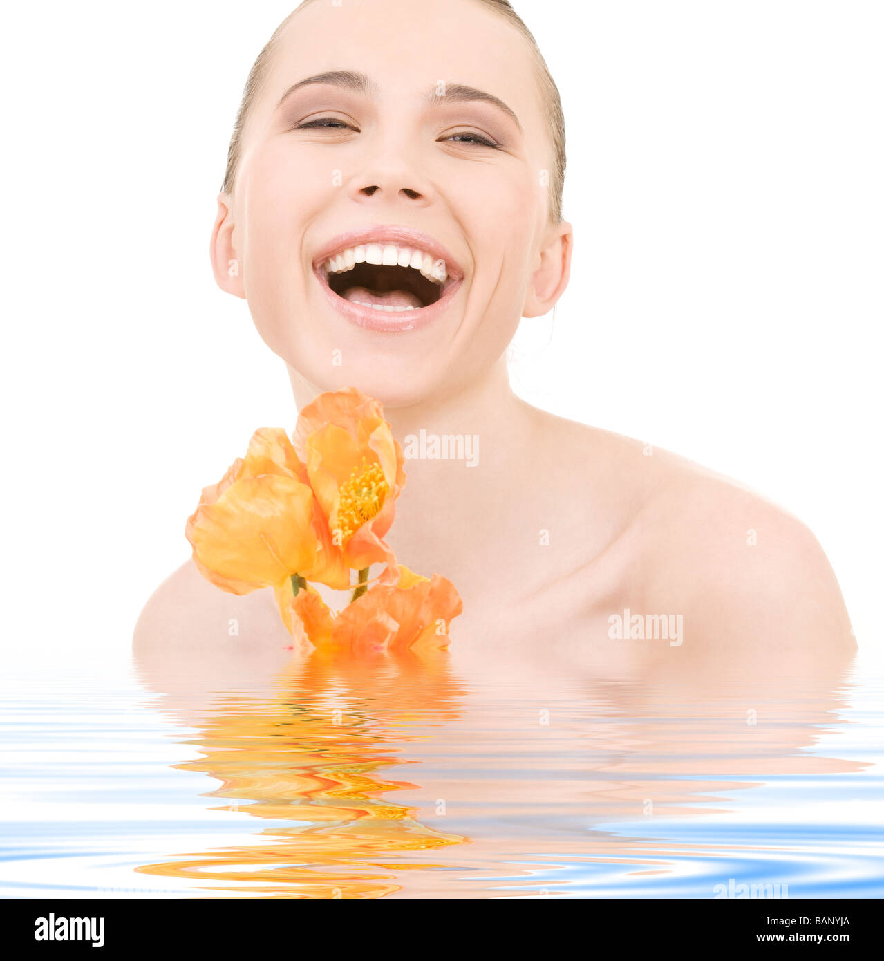 picture of laughing woman with flowers in water Stock Photo - Alamy
