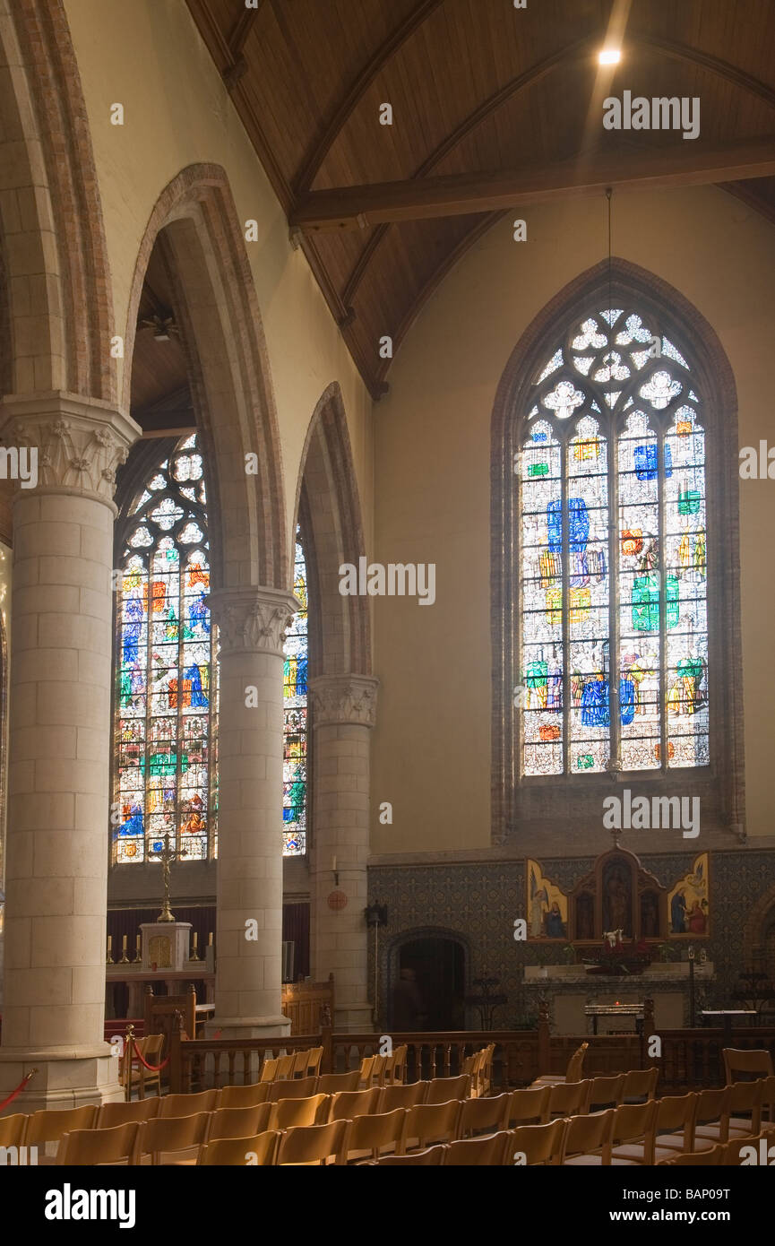 Nieuwpoort Church Onze Lieve Vrouwekerk Central Nave and Stained glass windows Belgium North Sea