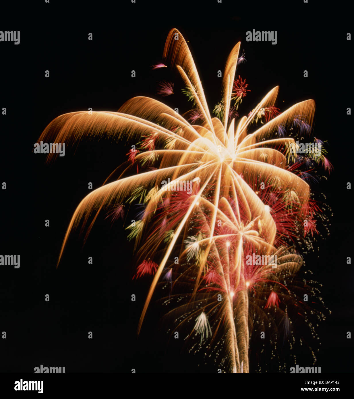 Multiple Exposure Firework Timed exposure of a fireworks display showing multiple patterns of ...