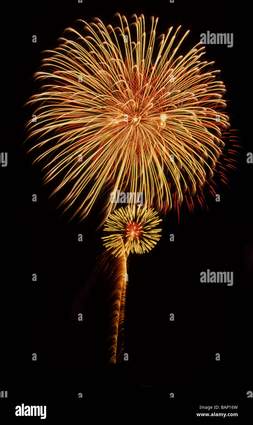Timed exposure of a fireworks display showing multiple patterns of