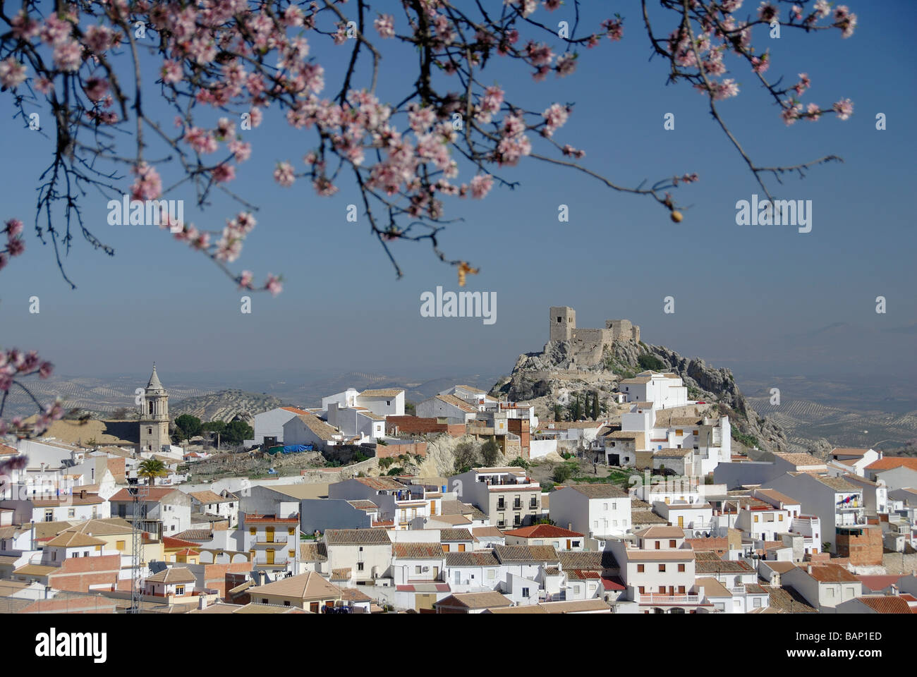 Luque village,white village 'Pueblo blanco' Cordoba Province, andalucia. Spain. Almond trees spring springtime Stock Photo