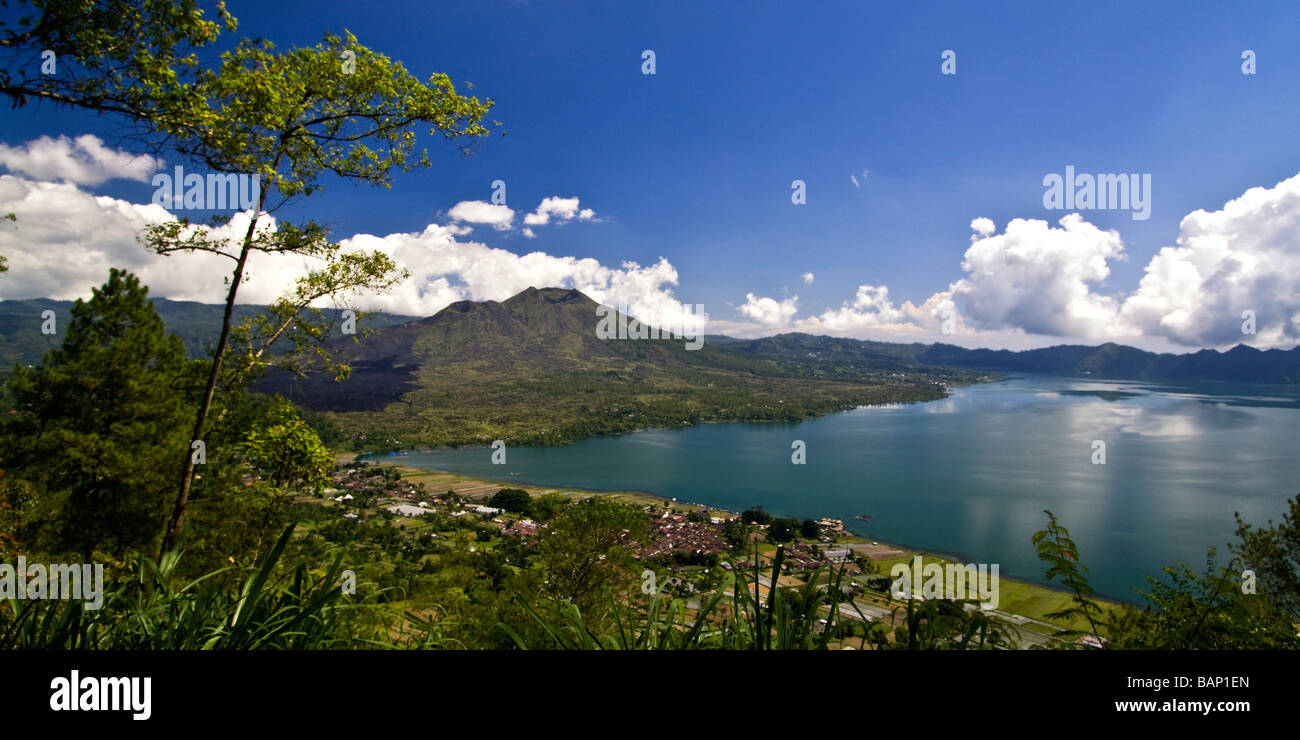 Panoramic view to Lake Batur and Gunung Batur from viewpoint Penelokan Bali Indonesia Stock Photo