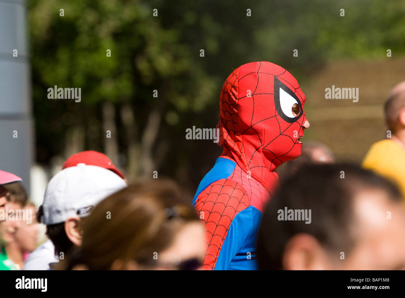 London Marathon, competitor in Spider Man outfit Blackheath London UK Stock Photo