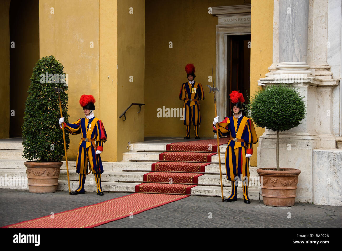 The Vatican's elite Papal Swiss Guard on duty by the entrance to the