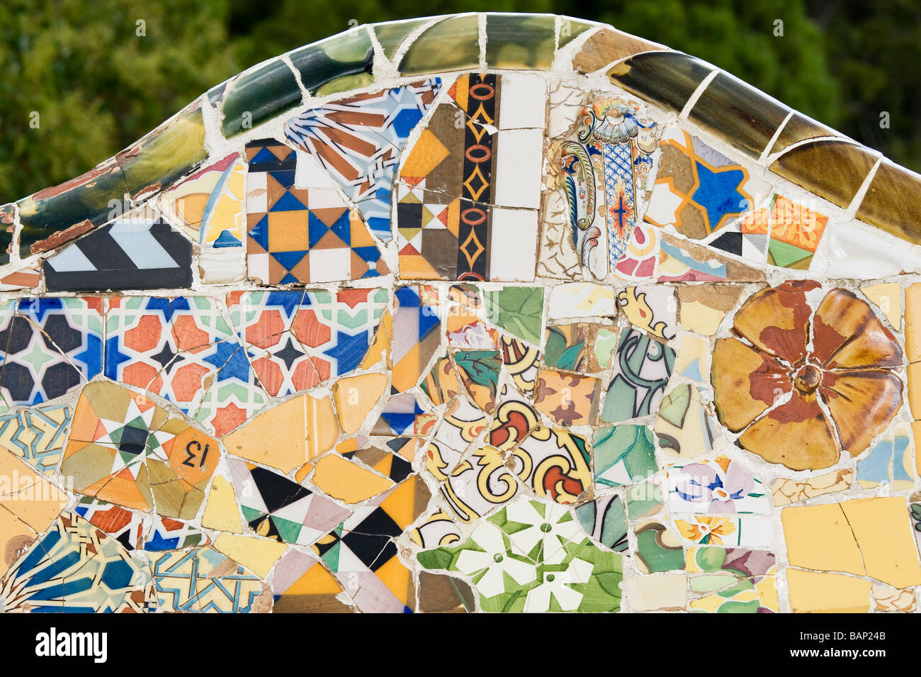 Park Güell Painted tiles Antonio Gaudi Architect Gracia District Barcelona Catalonia Spain Stock Photo