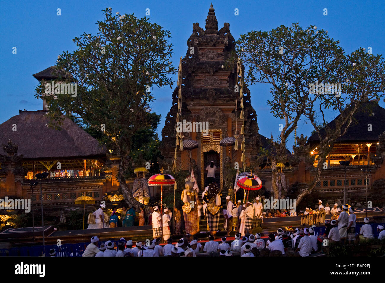 Temple in Ubud during Koningan Ceremony Bali Indonesia Stock Photo