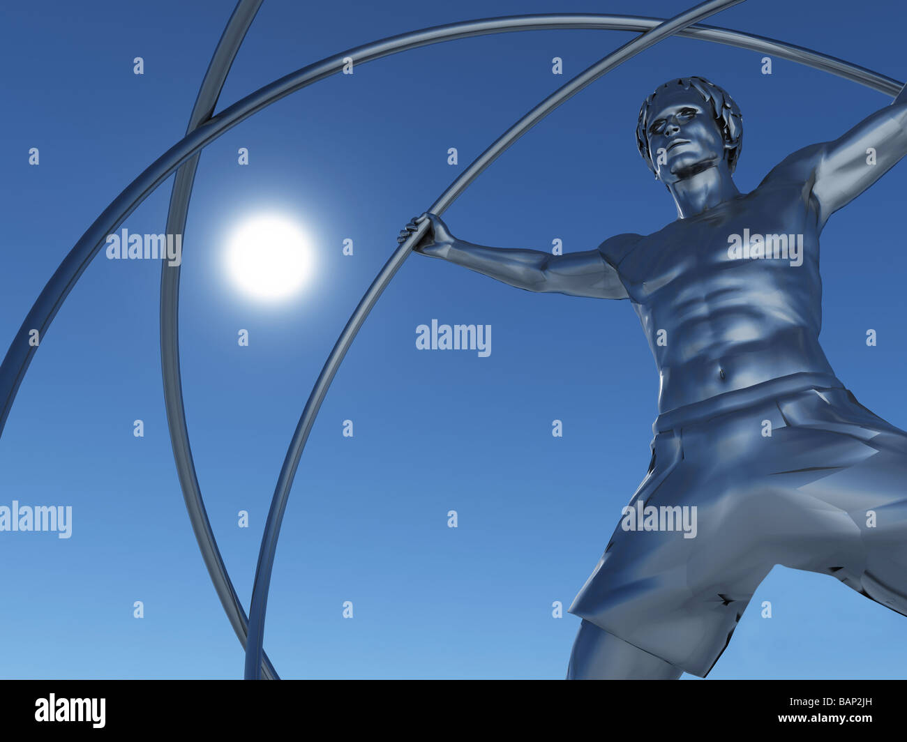 The man in a simulator a gyroscope The adaptation for training astronauts A statue from iron Stock Photo