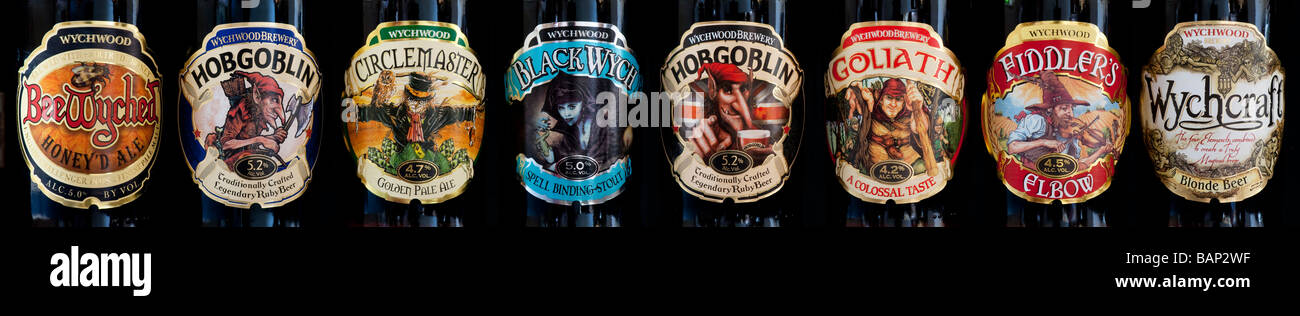 Wychwood brewery beer labels panoramic. English real ale beer bottle labels Stock Photo