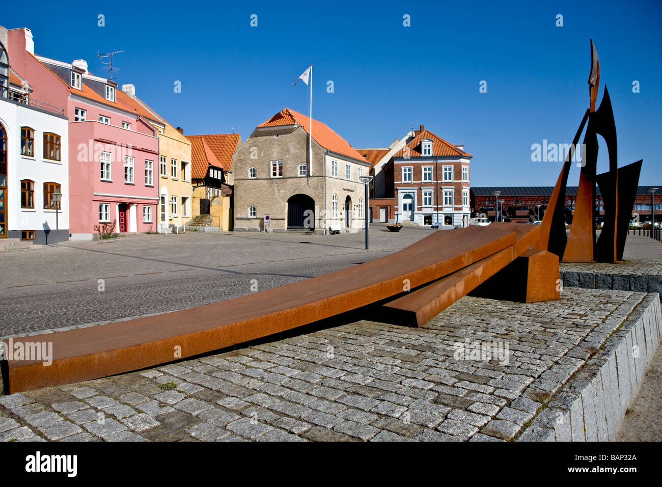 Modern iron sculpture at the harbour in Faaborg Stock Photo
