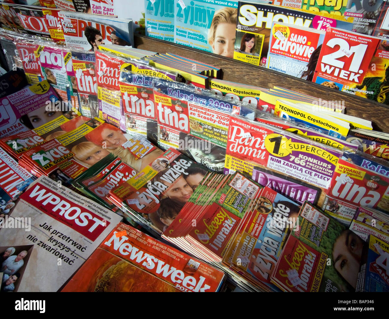 A news stand in the New York neighborhood of Greenpoint in Brooklyn with a collection of Polish language publications Stock Photo