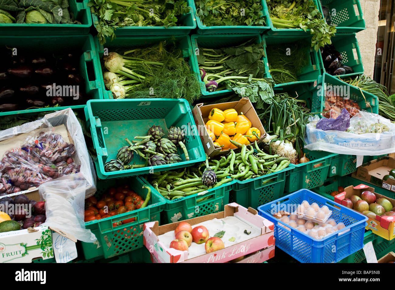 Vegetables in boxes outside vegetable shop in Valletta, Malta Stock Photo Alamy