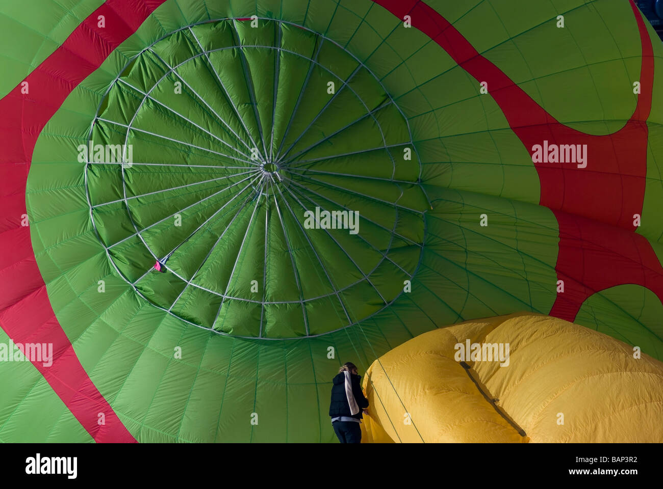 Close up of top of hot air balloon being inflated; 2009 Chateau d'Oex balloon festival, Switzerland. Charles Lupica Stock Photo