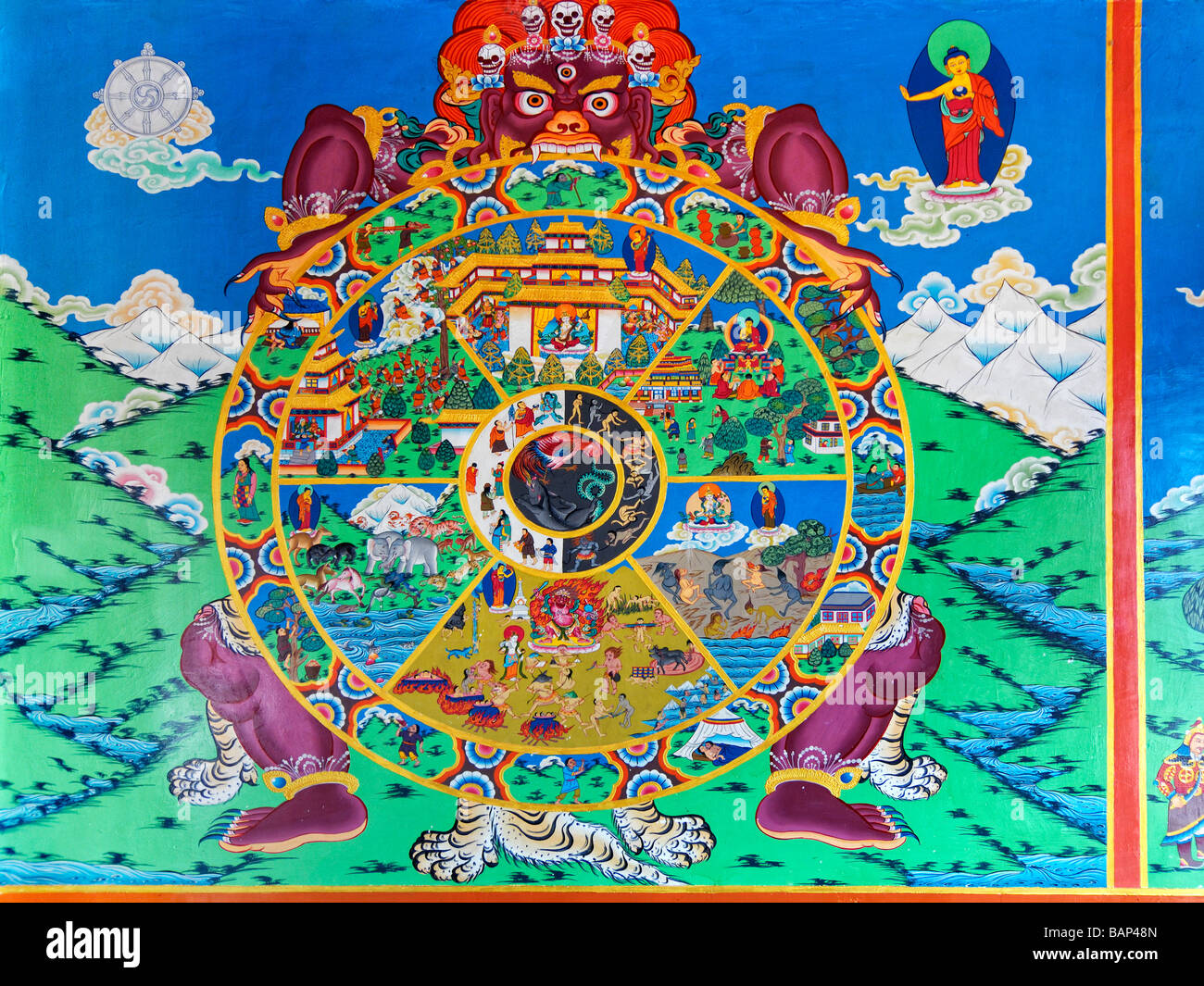 sacred wheel depicting Tibetan Buddhist stories Stock Photo