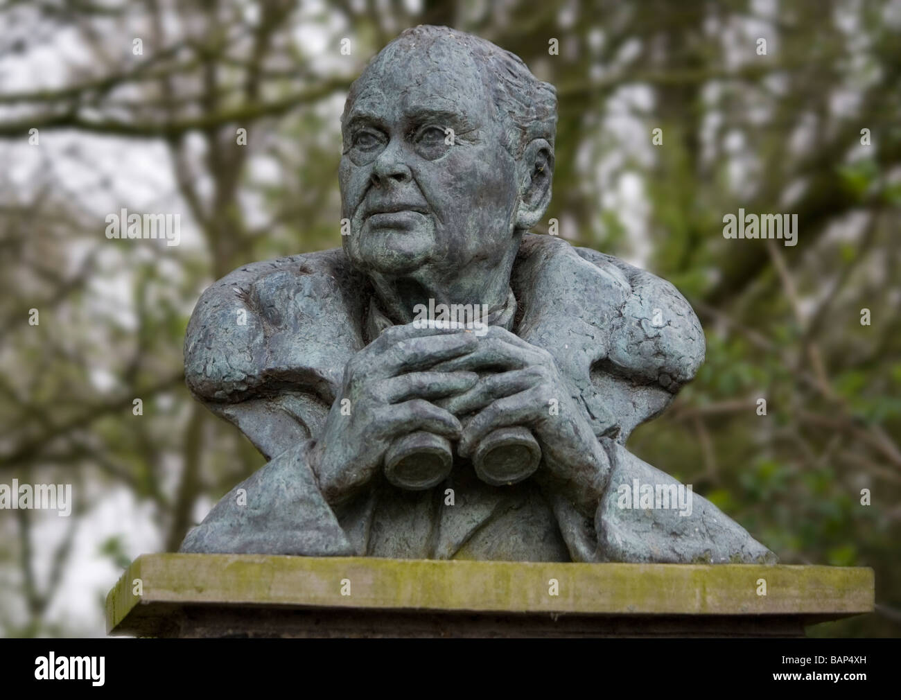 Bust of Sir Peter Scott founder of the Wildlife and Wetlands Trust at Martin Mere WWT in Lancashire Stock Photo