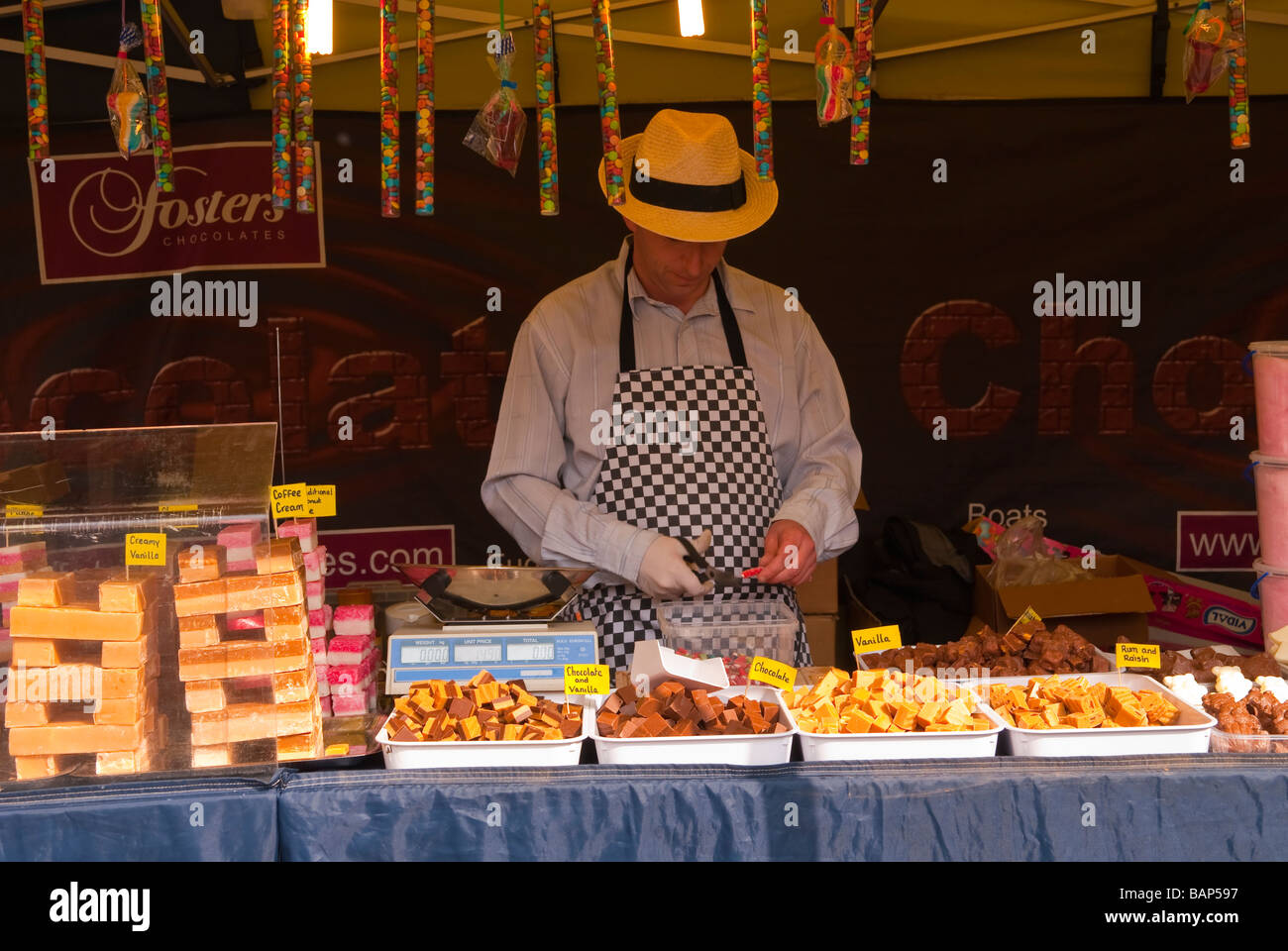 Fudge,chocolate and sweets for sale on a market stall in Norwich