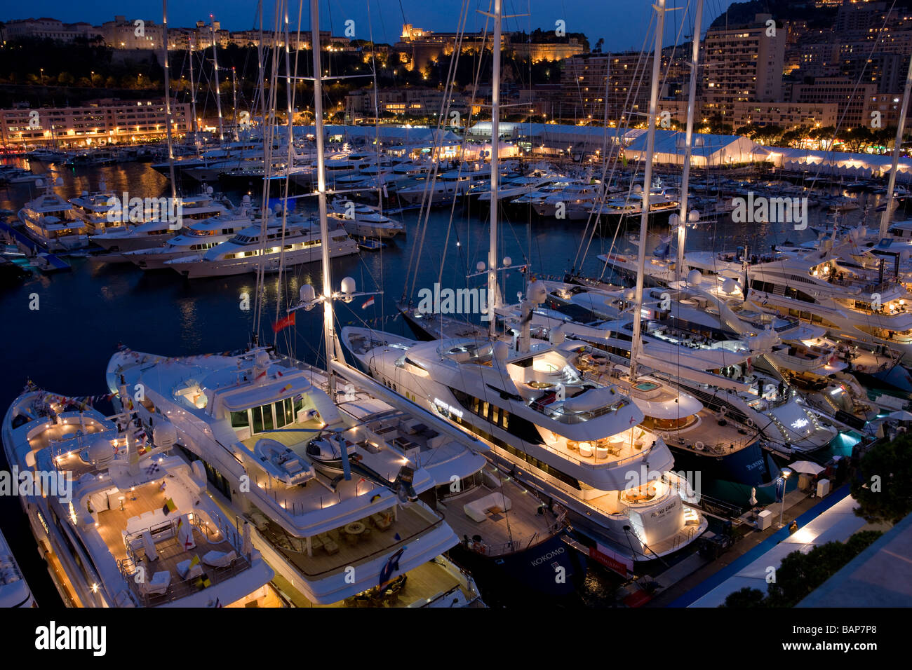View over the Monaco Boat Show at Night Stock Photo Alamy
