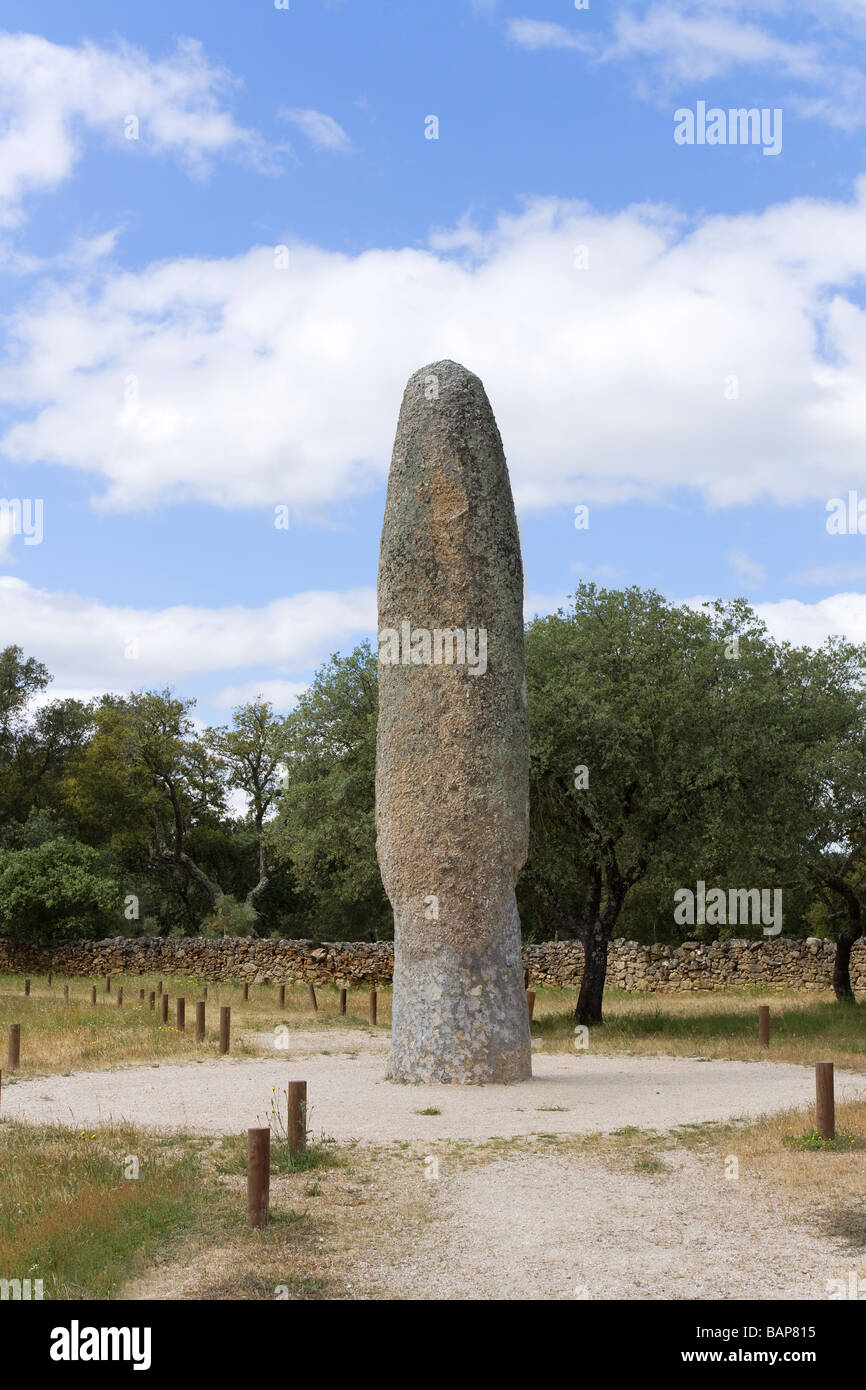 The Standing Stone/ Menhir of Meada in Castelo de Vide, Portugal. The largest of the Iberian Peninsula. 7 meters - 15 tons Stock Photo