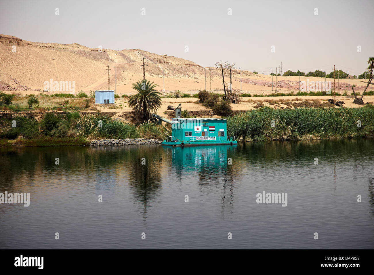 Floating Pumping Station on the River Nile, Egypt Stock Photo