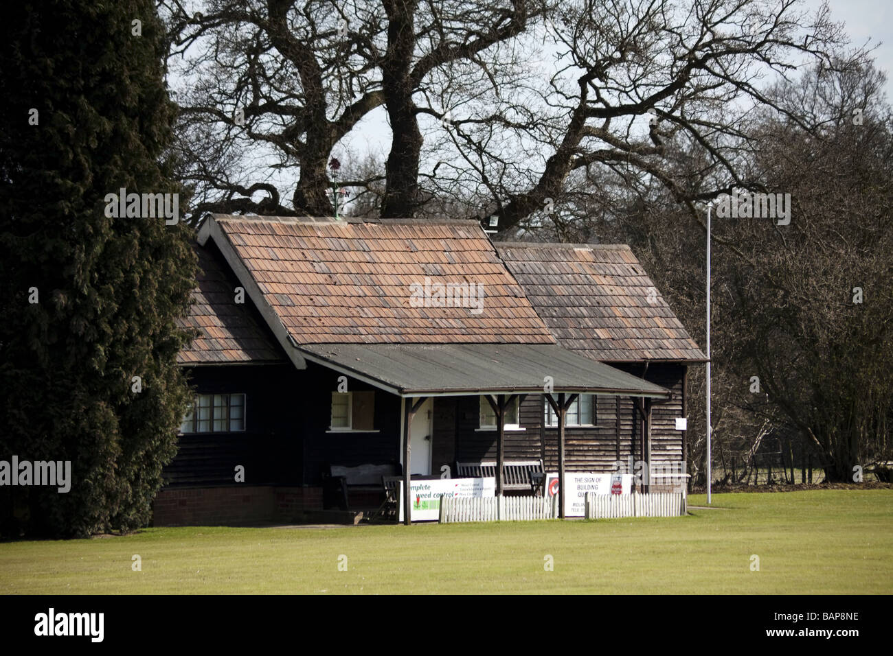 A cricket pitch and pavillion Stock Photo