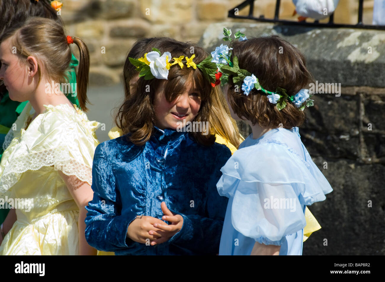 Children at a maypole dance at the village of Wray, near Lancaster, England, UK Stock Photo